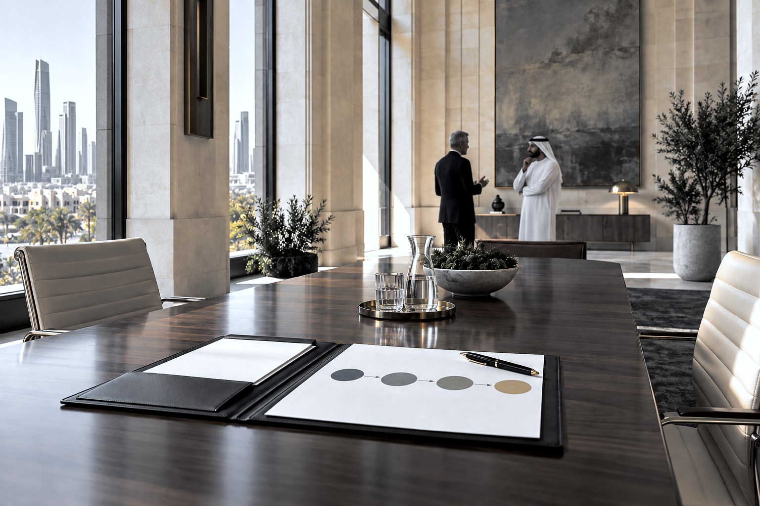 A daylit Riyadh boardroom, a Value Case open on the table