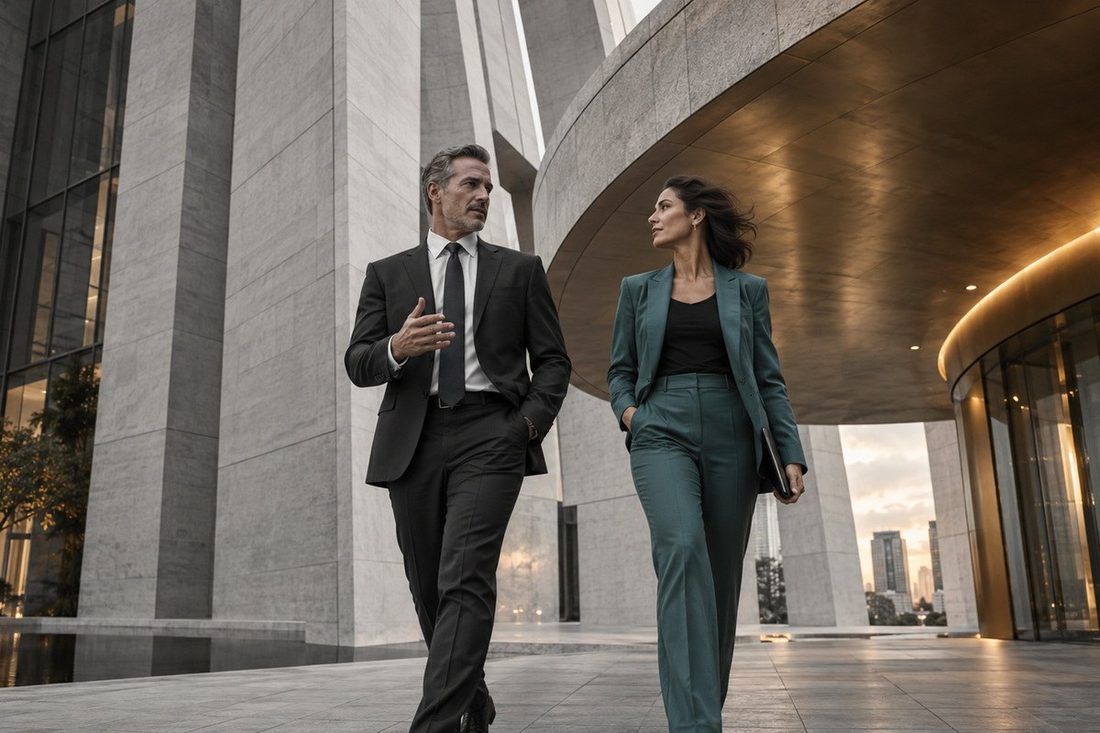 Two executives in conversation crossing the forecourt of a corporate headquarters