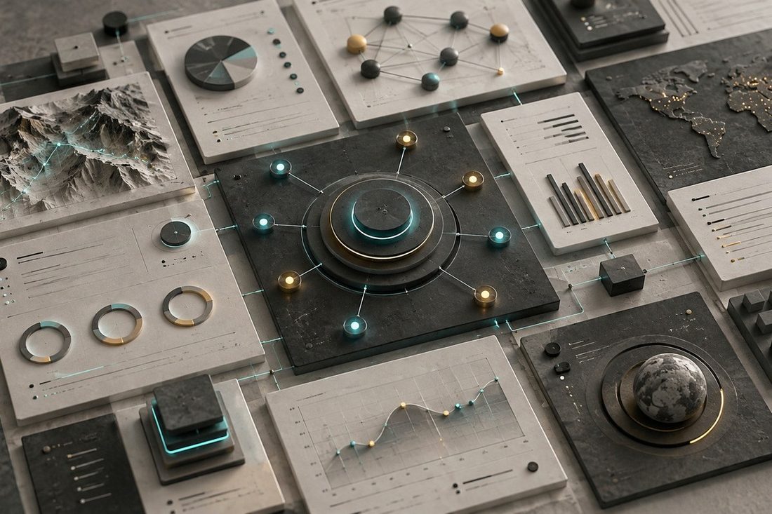 An operating model laid out as connected dashboards, charts and a central node