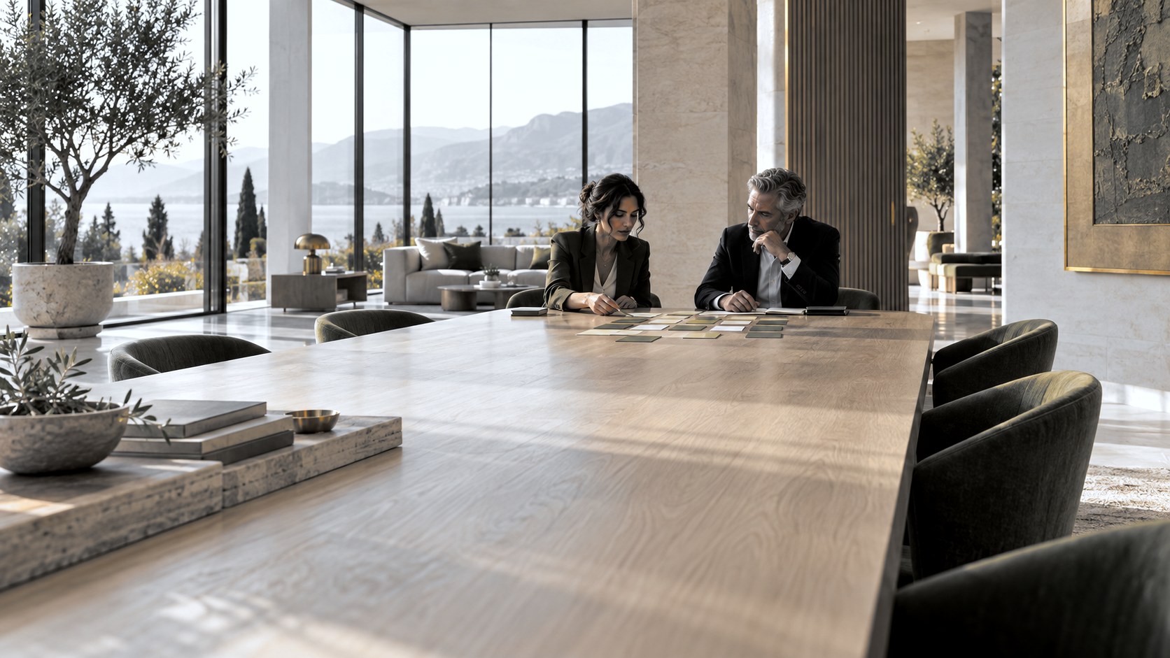 A principal and a coach working through a plan across a boardroom table